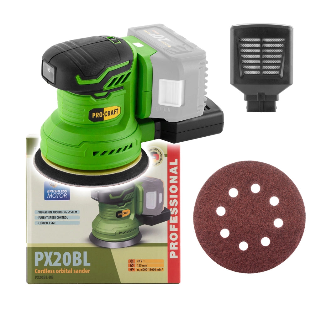 Levigatrice orbitale a batteria Procraft PX20BL, 20 V, platorello 125 mm, senza batteria e caricabatterie