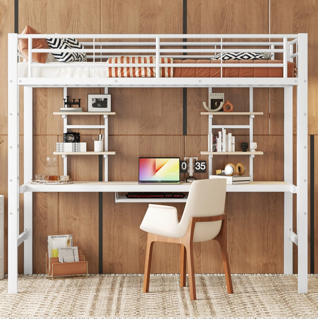 Letto a soppalco in metallo bianco 90x200 cm con scrivania e scaffali integrati