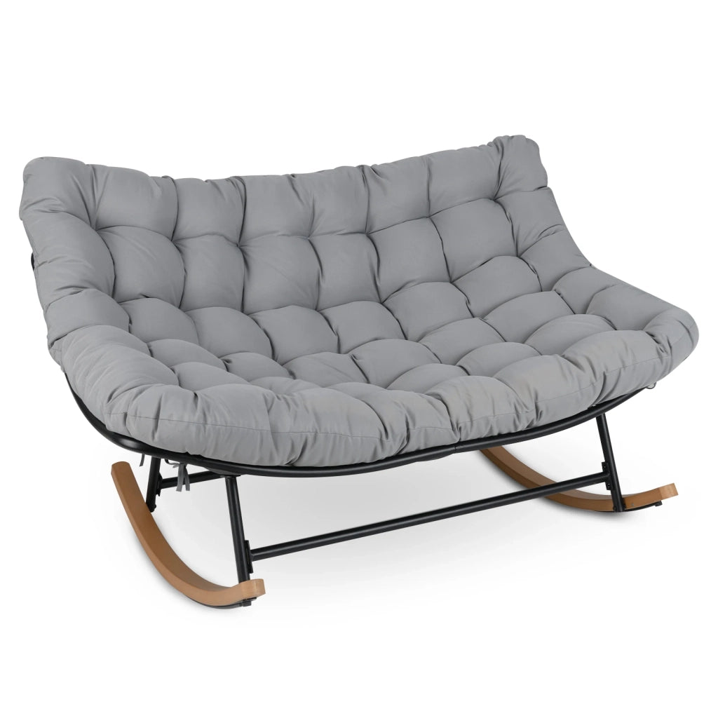 Sedia a dondolo papasan doppia 2 posti in metallo grigio con cuscino spesso 20 cm, poltrona relax per giardino e casa