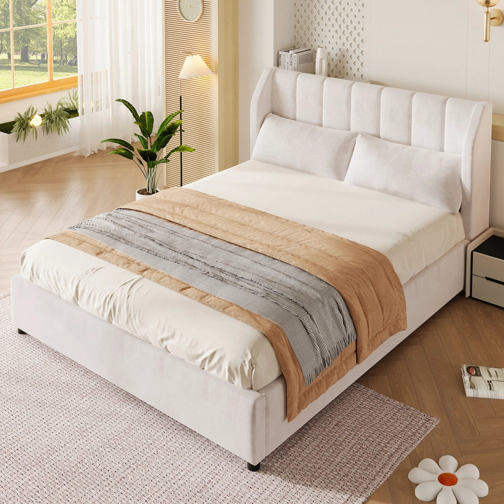 Letto a piattaforma imbottito 140x200 cm in velluto francese beige con rete a doghe