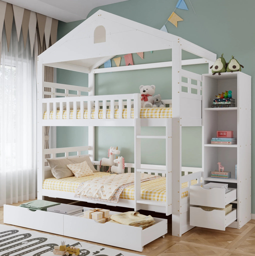 Letto a castello a casetta 90x200 cm bianco con contenitore