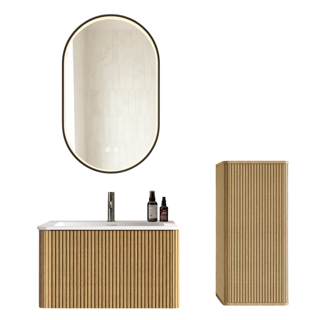 Mobile lavabo 80 cm con specchio LED e colonna, rovere bianco, stile moderno