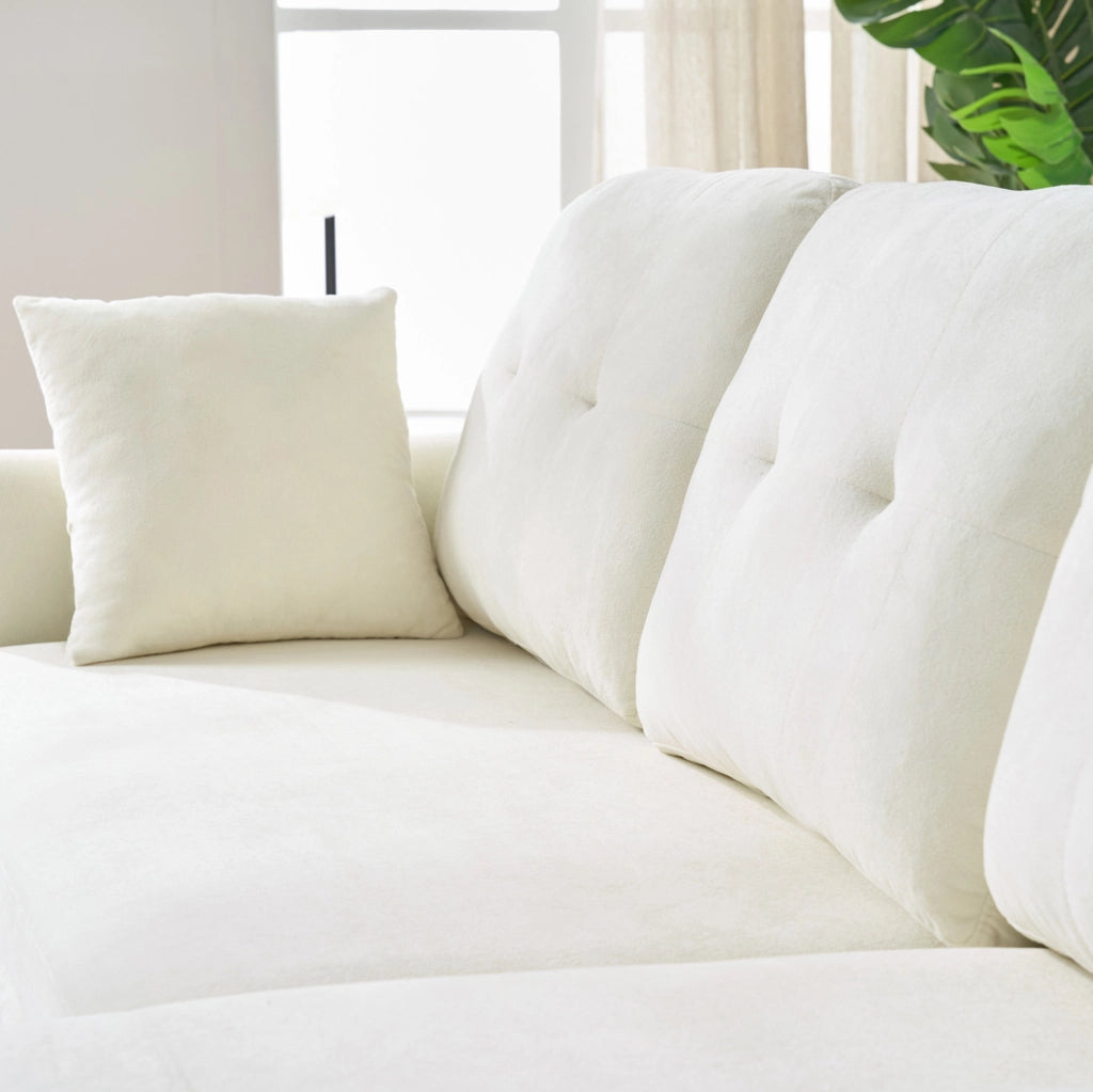 Divano angolare beige in ciniglia con letto e vano contenitore