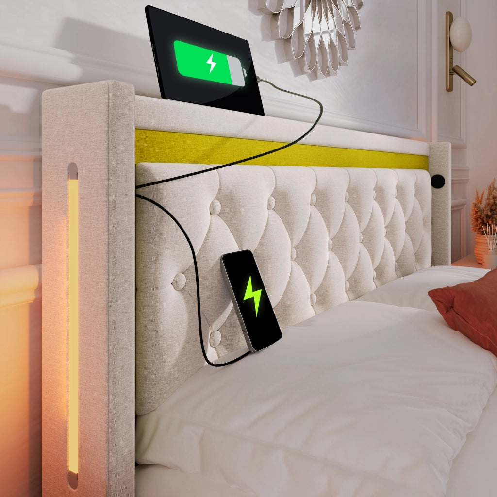Letto matrimoniale contenitore 140 × 200 cm con materasso a molle led usb tipo c cotone beige rete a doghe