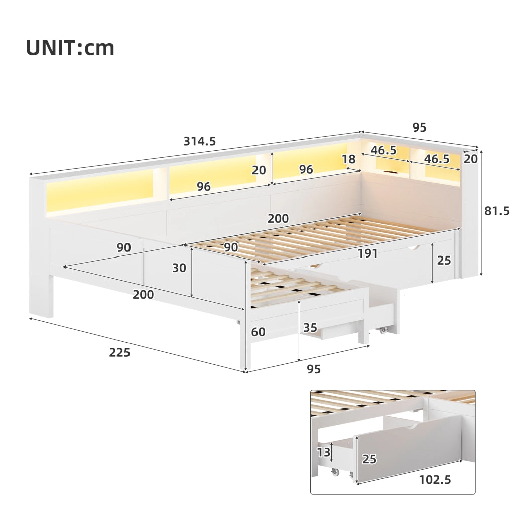 Letto singolo a piattaforma 90 × 200 cm a L con letto estraibile in MDF e compensato bianco con cassetto LED e ricarica
