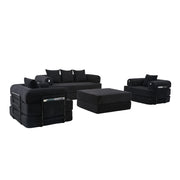 Divano modulare 4 posti con pouf, cuscini inclusi, tasca laterale e moduli componibili in tessuto a coste nero