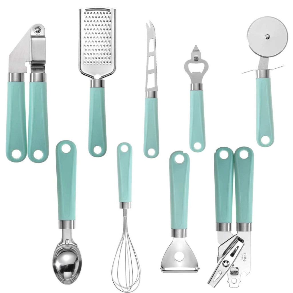 Set di 9 utensili da cucina in acciaio inossidabile, color verde chiaro