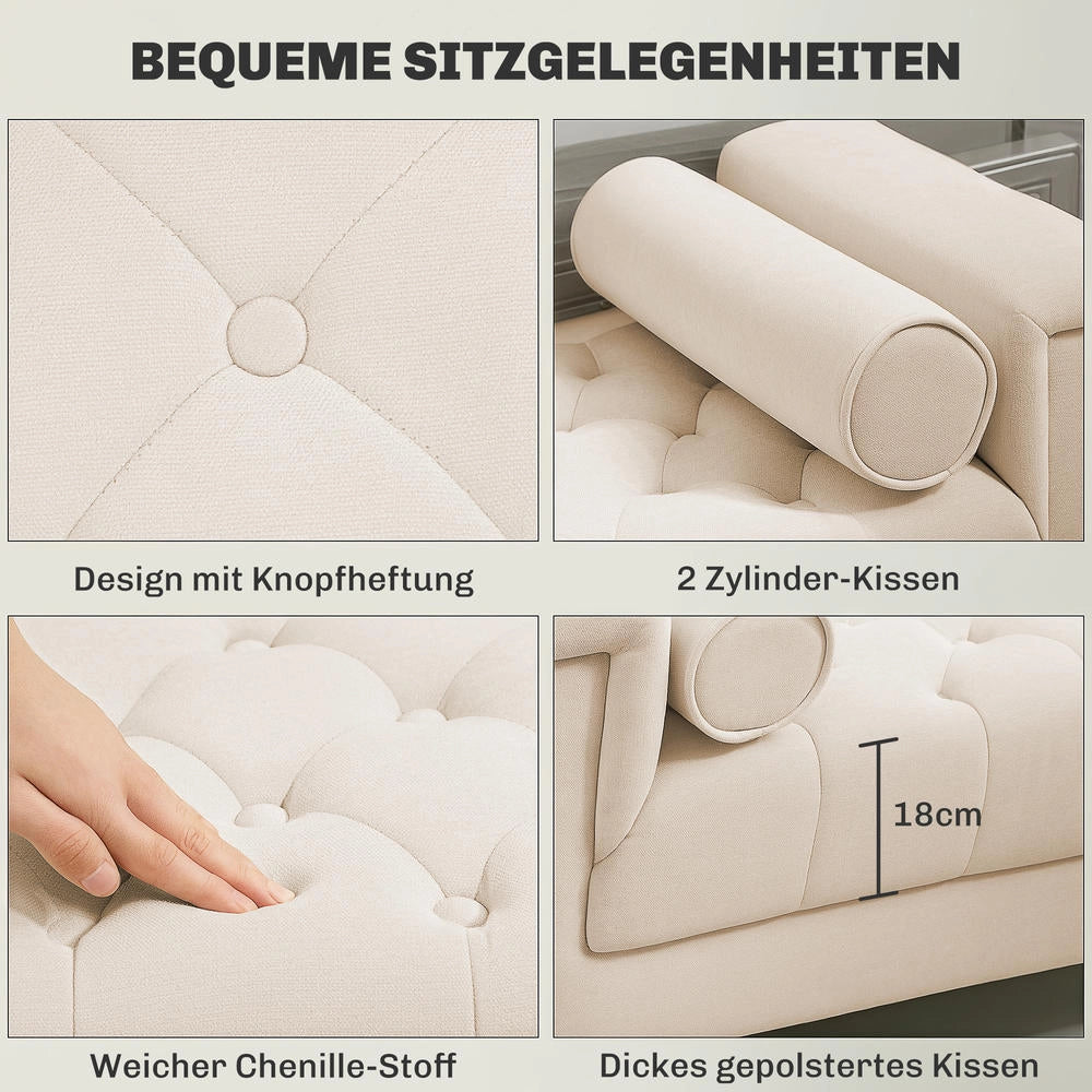 Panca Imbottita Vintage in Ciniglia Beige con 2 Cuscini e Braccioli per Ingresso e Camera da Letto 115 x 44 x 58 cm