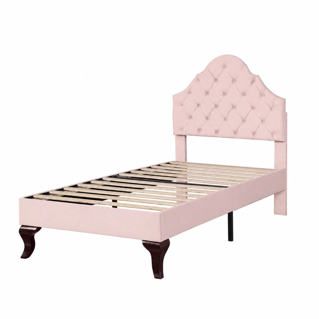 Letto imbottito 90x200 in velluto rosa con rete a doghe e testiera regolabile