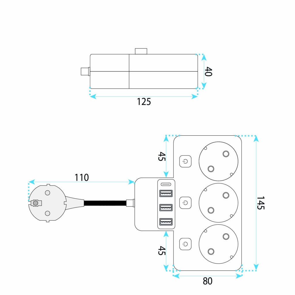 Multipresa 3 Prese + 3x Usb-a + Usb-c Jnh0-18 Black