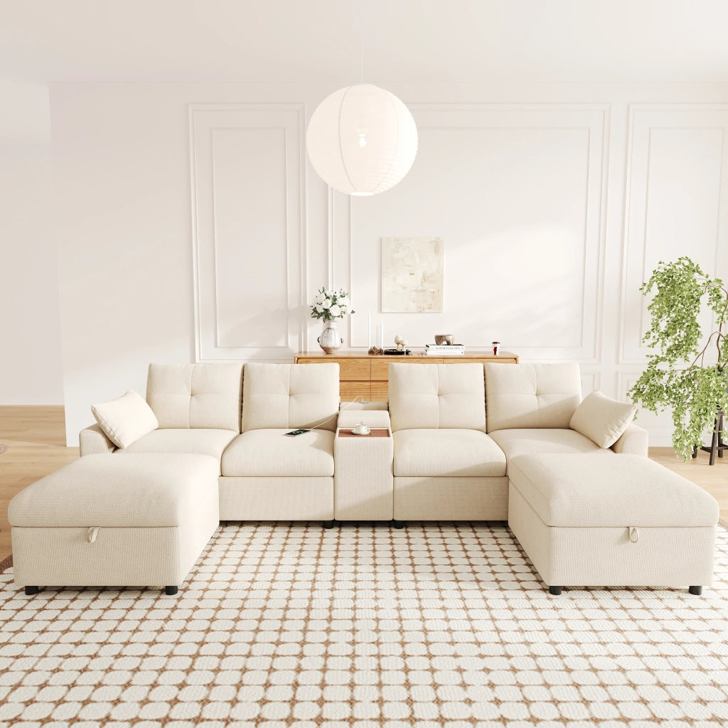 Divano panoramico modulare a 6 posti in chenille beige con console USB Type-C e 2 pouf contenitore 84.5 × 316 × 140 cm