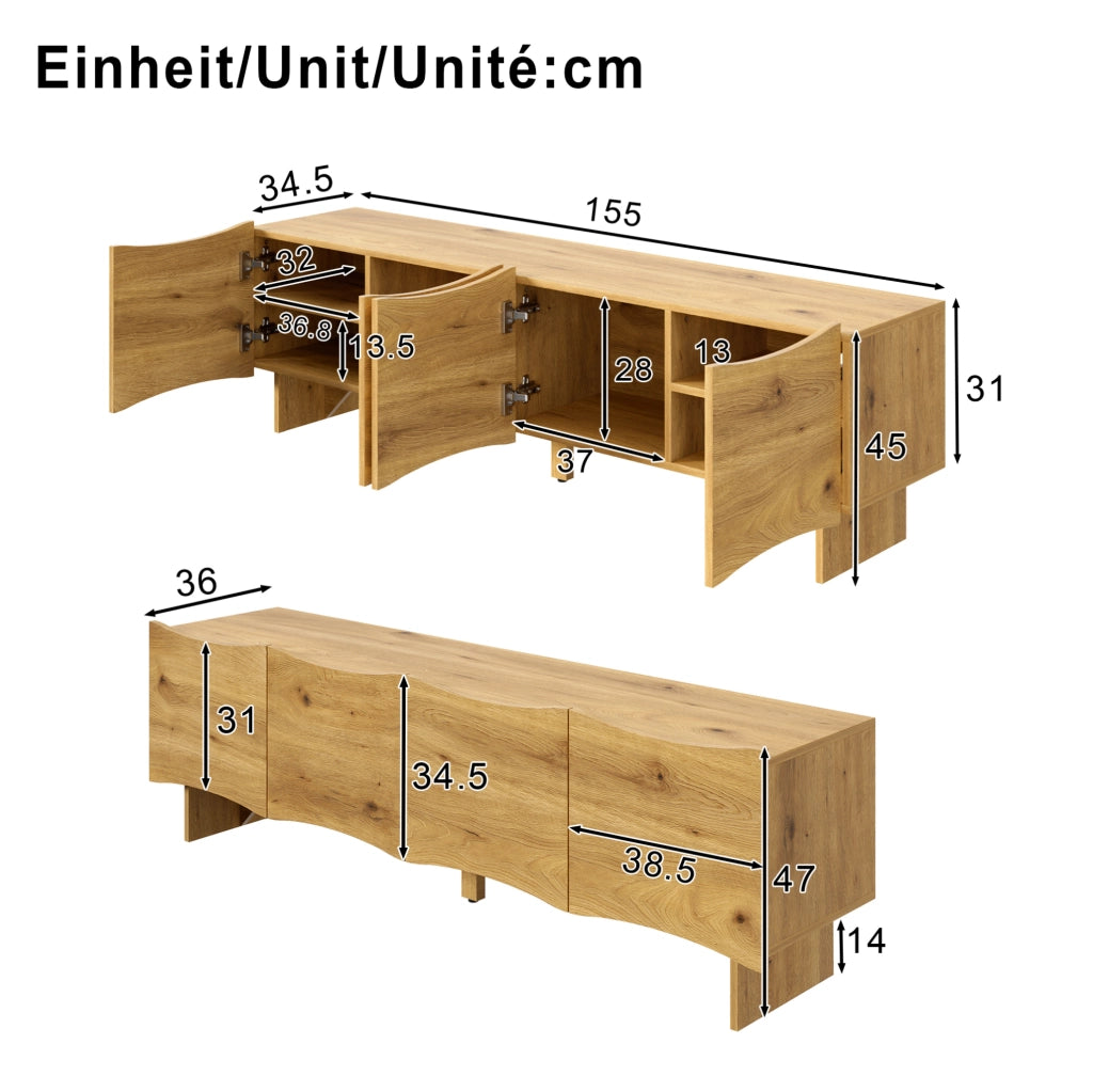 Mobile TV 155 cm effetto legno naturale, 4 ante ondulate, passacavi