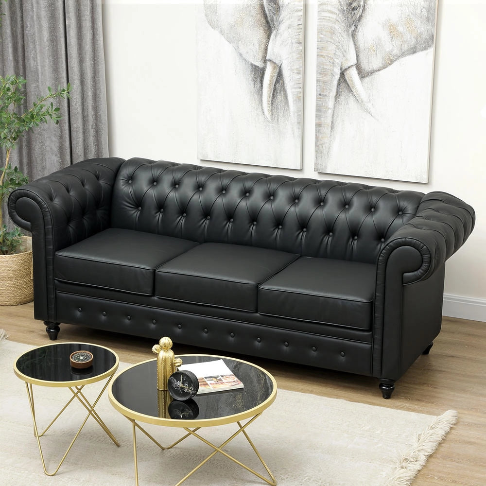 Divano 3 Posti Stile Chesterfield in Finta Pelle Nero, Imbottitura Molle Insacchettate Trapuntato per Soggiorno e Salotto, 213x86x79 cm