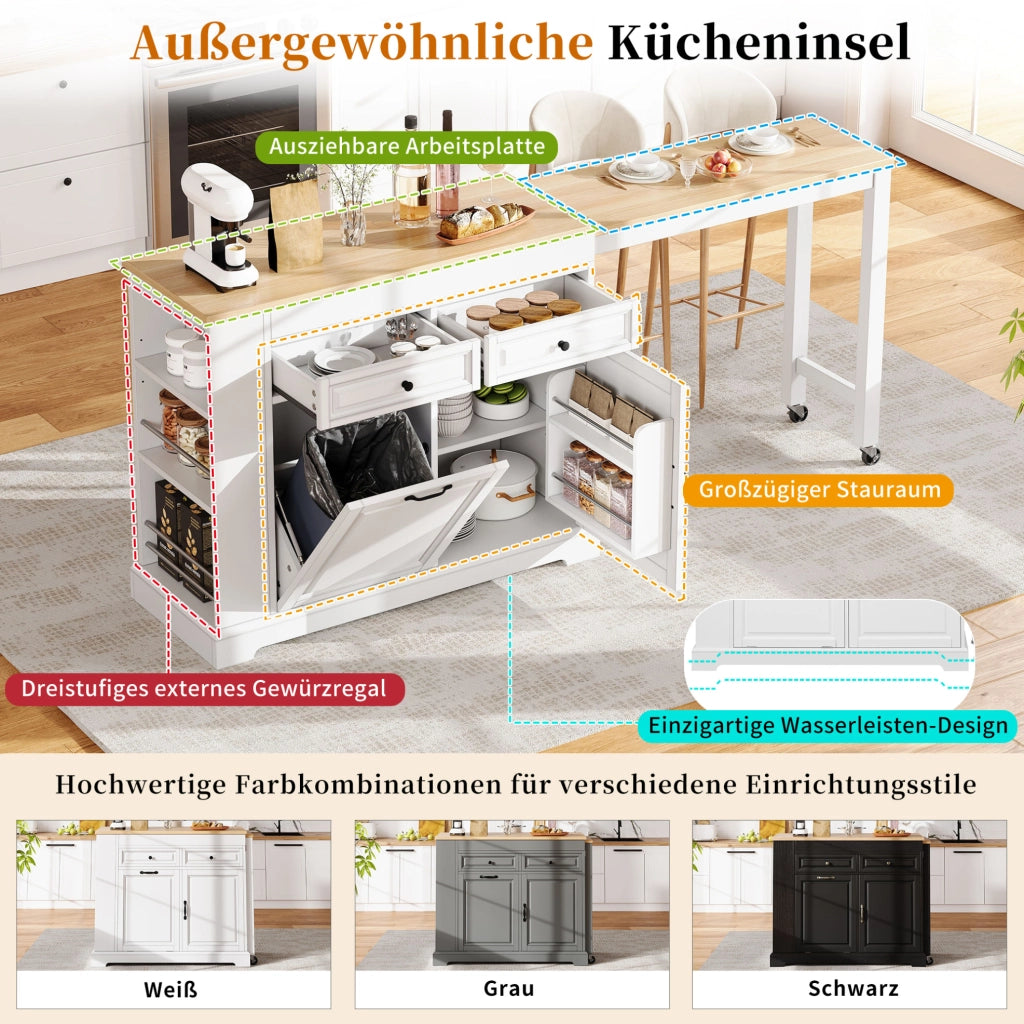 Isola da cucina mobile bianca e naturale con piano allungabile