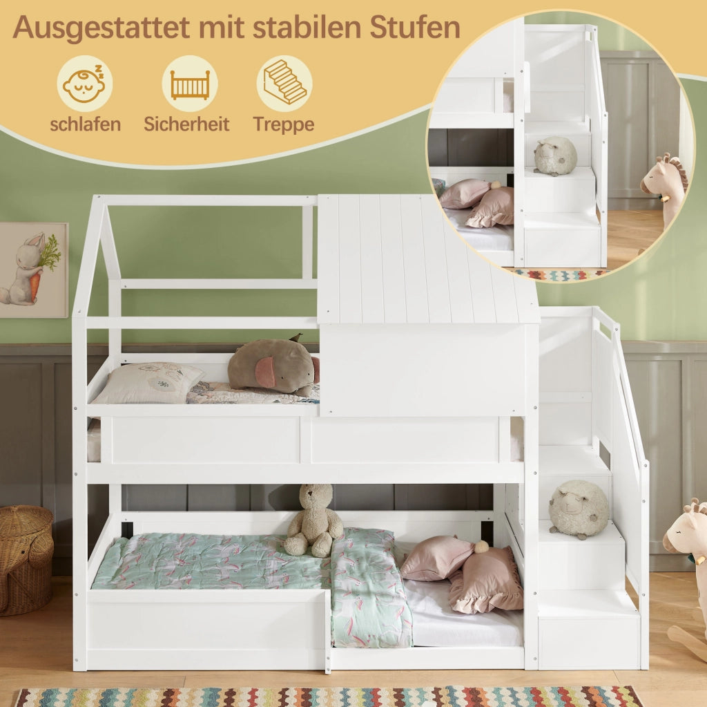 Letto a castello in legno massello bianco con scala e tettoia