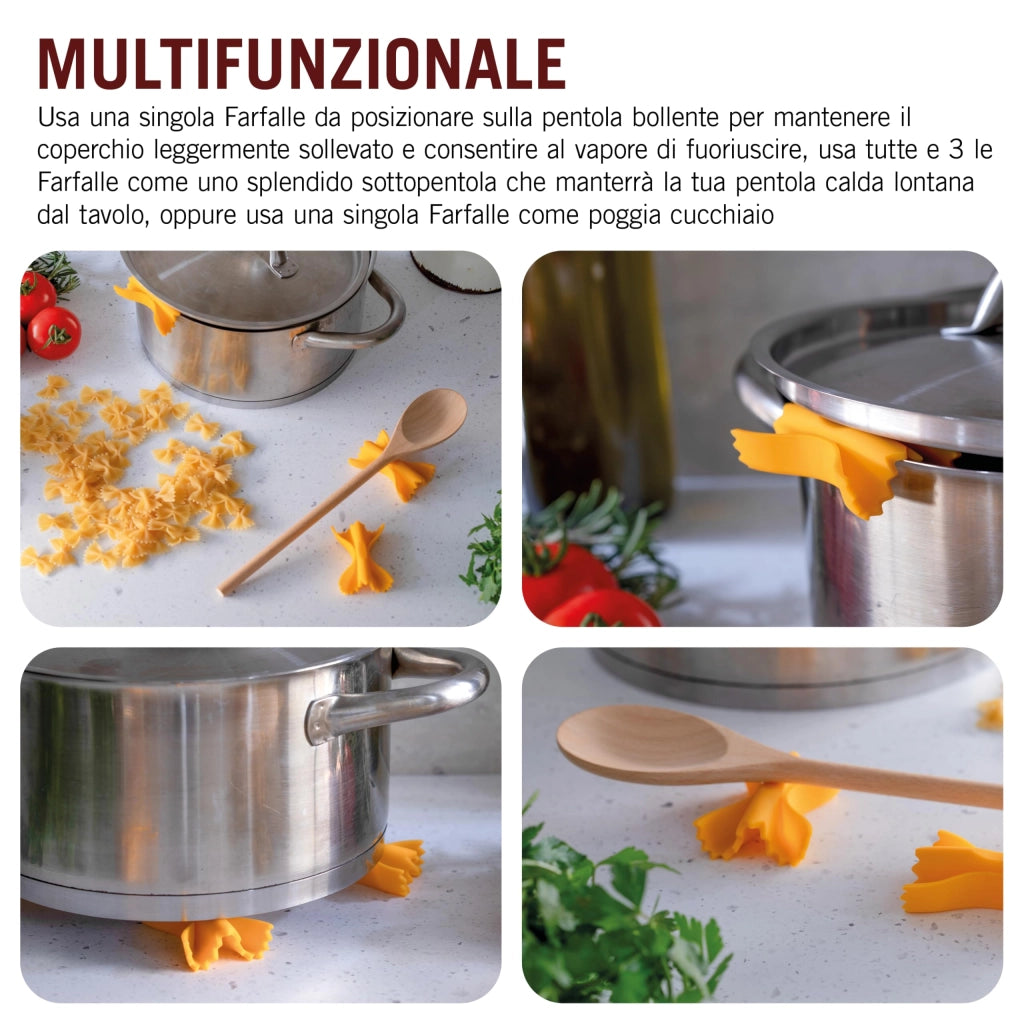 Coperchio universale in silicone 3-in-1, con funzione di supporto per cucchiai e sottobicchiere, motivo "Farfalle", set da 3