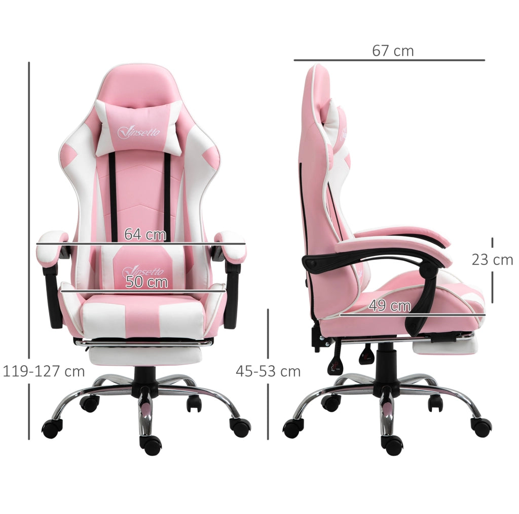 Sedia da ufficio gaming ergonomica rosa e bianca con poggiapiedi