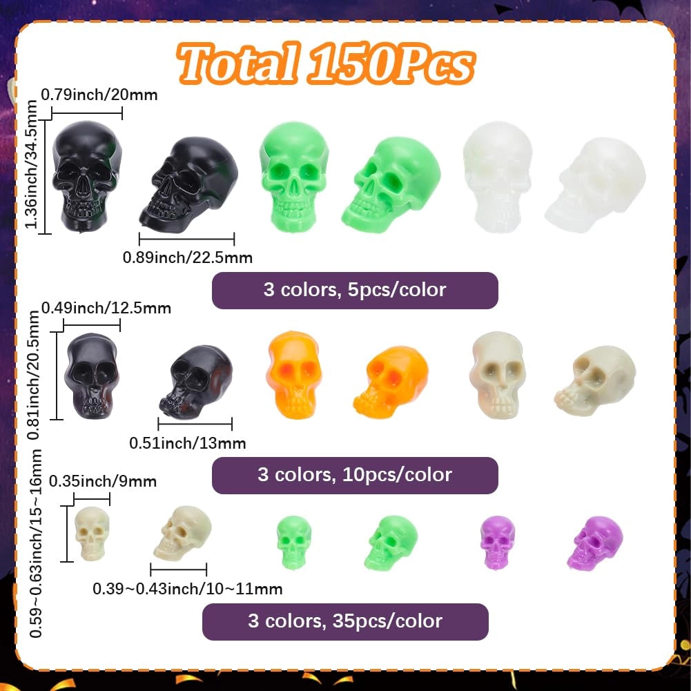 150 mini teschi di Halloween, 6 colori, 3 dimensioni, in plastica
