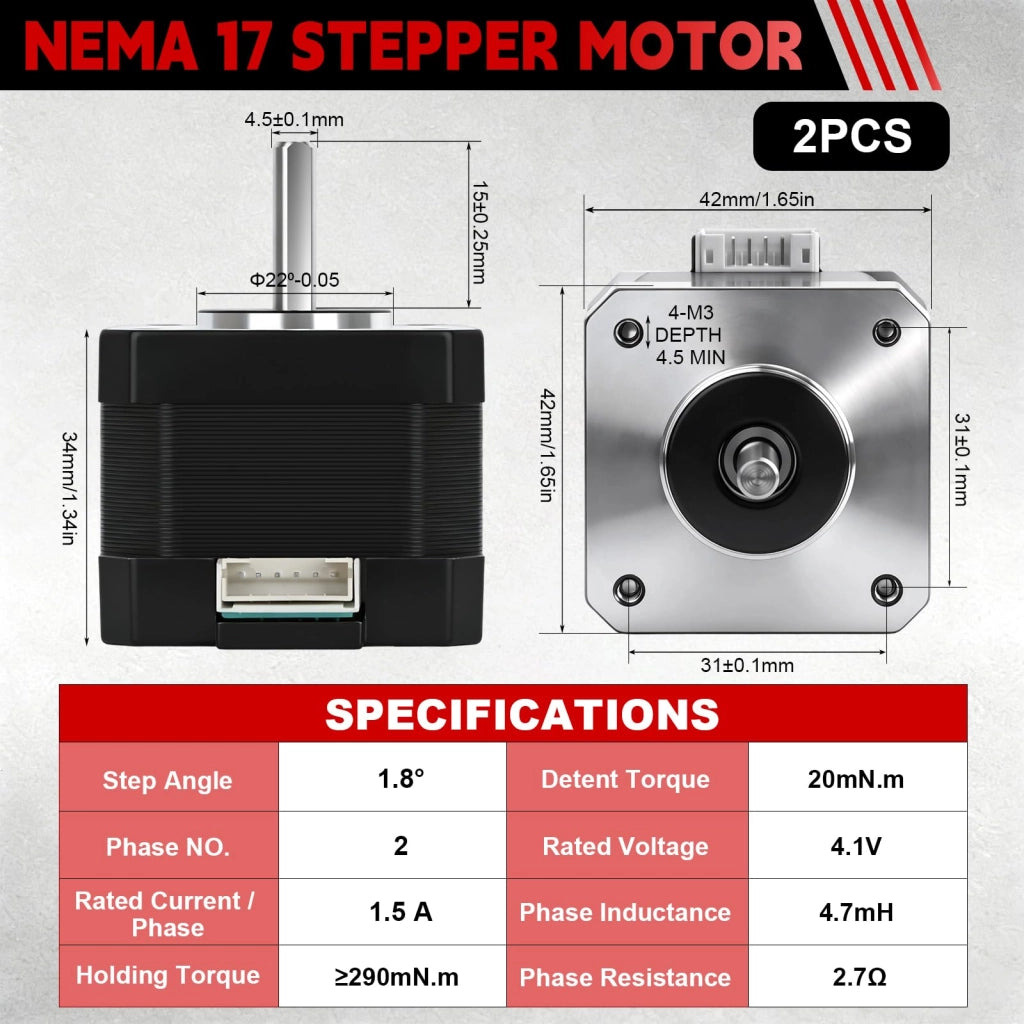 Motore passo-passo Nema 17, 2 pezzi, dimensioni 42x34 mm, coppia 2,2 kg.cm, corrente 1,5 A