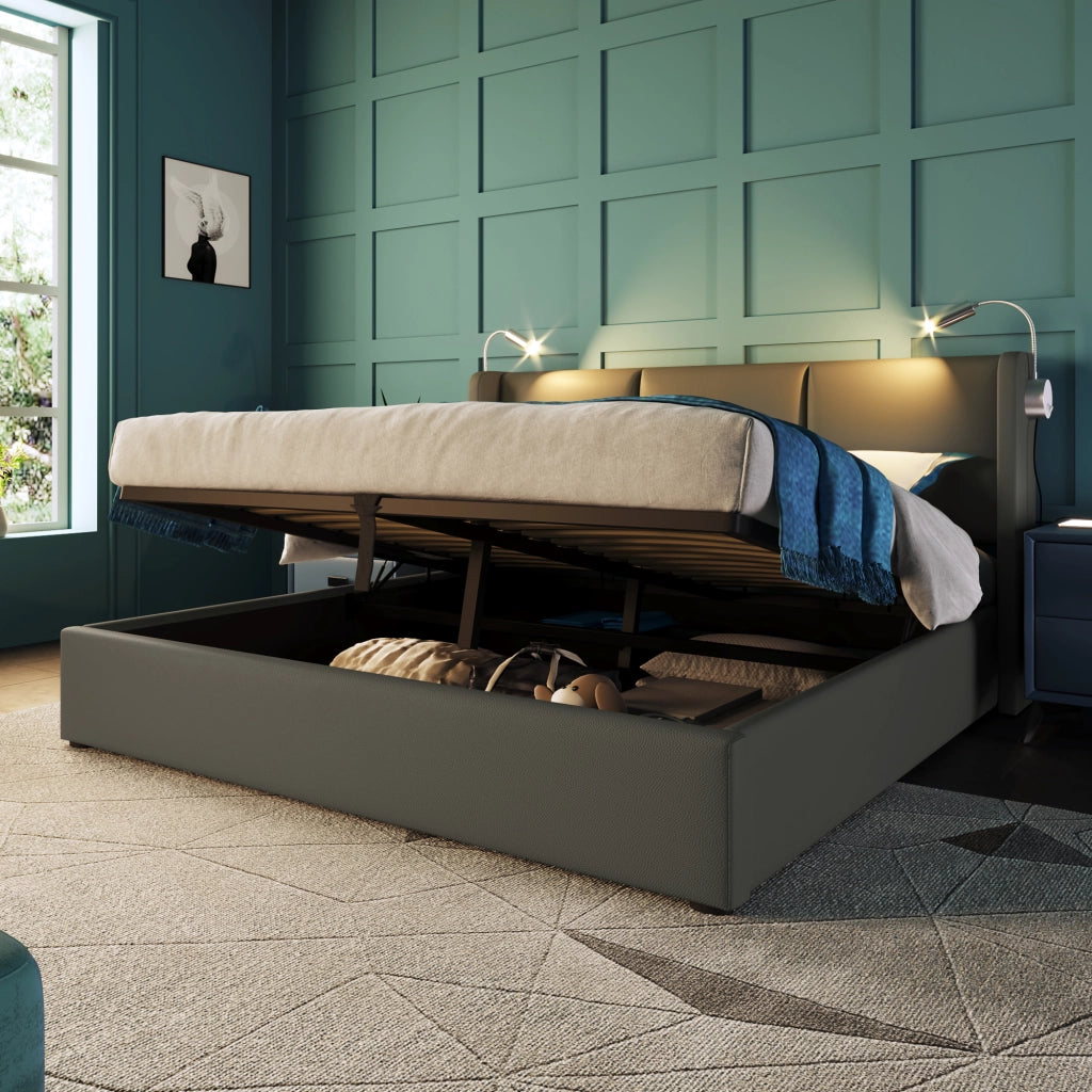 Letto matrimoniale contenitore 140x200 grigio con materasso