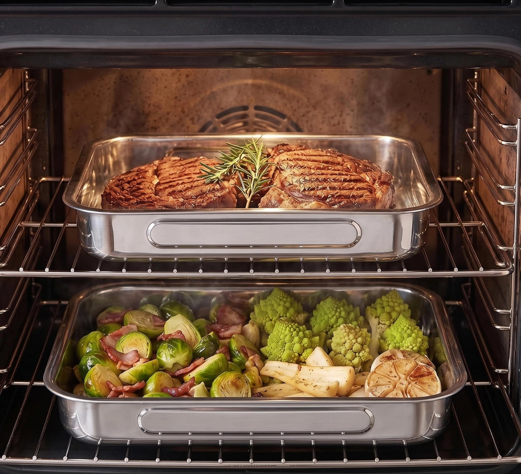 Set di teglie da forno in acciaio inossidabile, composto da 2 pezzi (30x20 cm + 40x30 cm), con maniglie pieghevoli