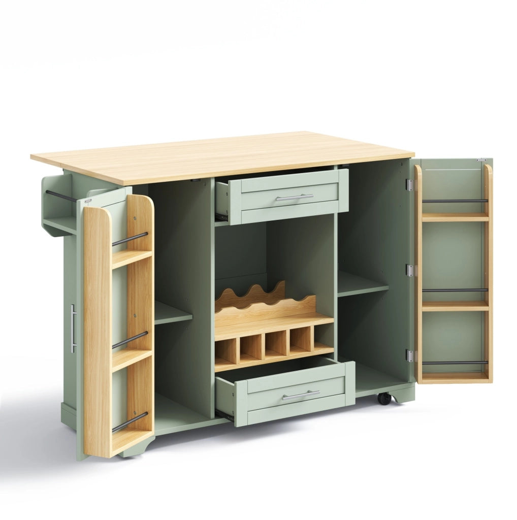 Isola cucina mobile con piano di lavoro pieghevole, carrello su ruote con portabottiglie, porta bicchieri, scaffale per spezie e porta asciugamani, 138x45/70x92 cm, verde