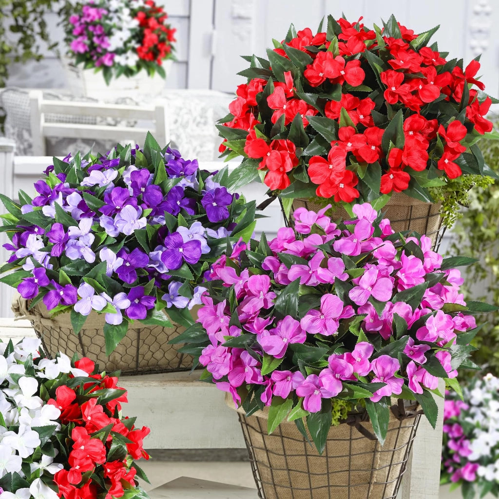 Set di 4 fiori artificiali, resistenti ai raggi UV, in seta, modello geranio e impatiens, colore rosso
