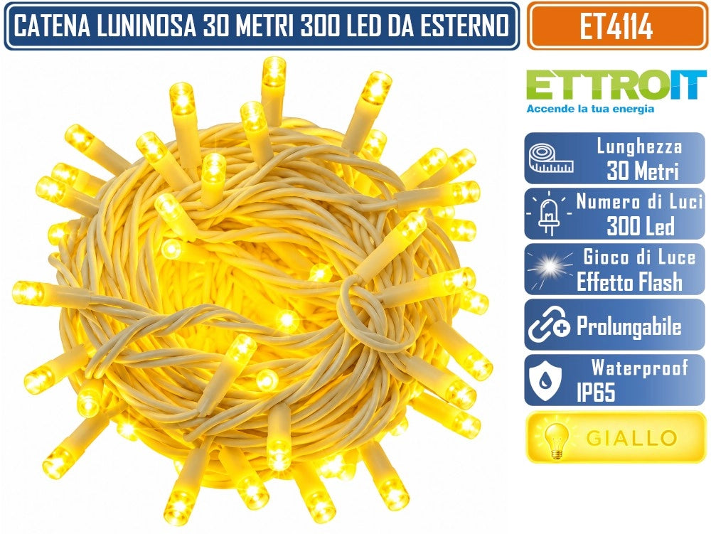 CATENA LUMINOSA NATALIZIA ETTROIT ET4114 300 LED 30 METRI LUCE GIALLA 2800°K CON EFFETTO FLASH BIANCO CAVO BIANCO PROLUNGABILE IP65 PER INTERNO ED ESTERNO