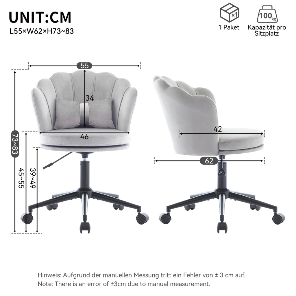 Sedia da ufficio ergonomica in velluto grigio 55 × 62 × 73-83 cm regolabile e girevole