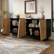 Credenza 160 × 40 × 72 cm con ripiano regolabile in pannello di particelle nero e legno per soggiorno e sala da pranzo