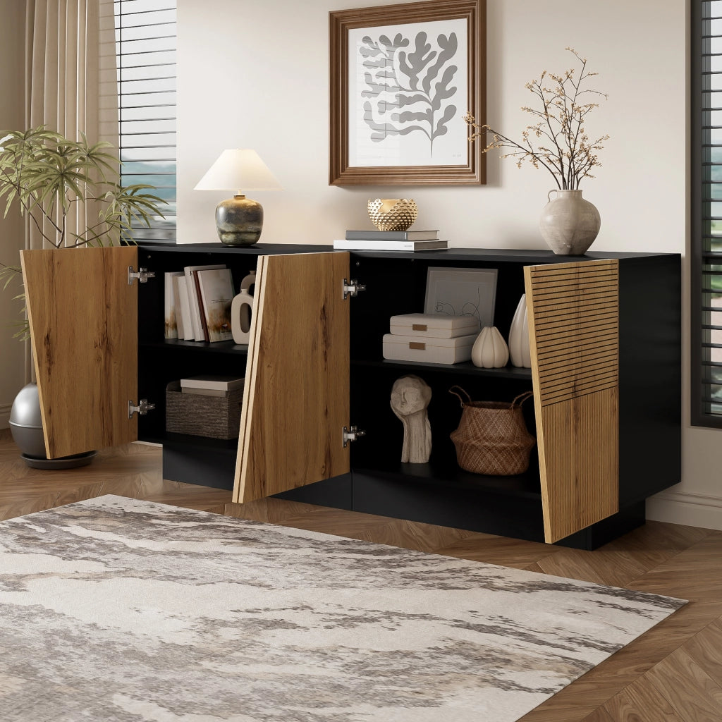 Credenza 160 × 40 × 72 cm con ripiano regolabile in pannello di particelle nero e legno per soggiorno e sala da pranzo