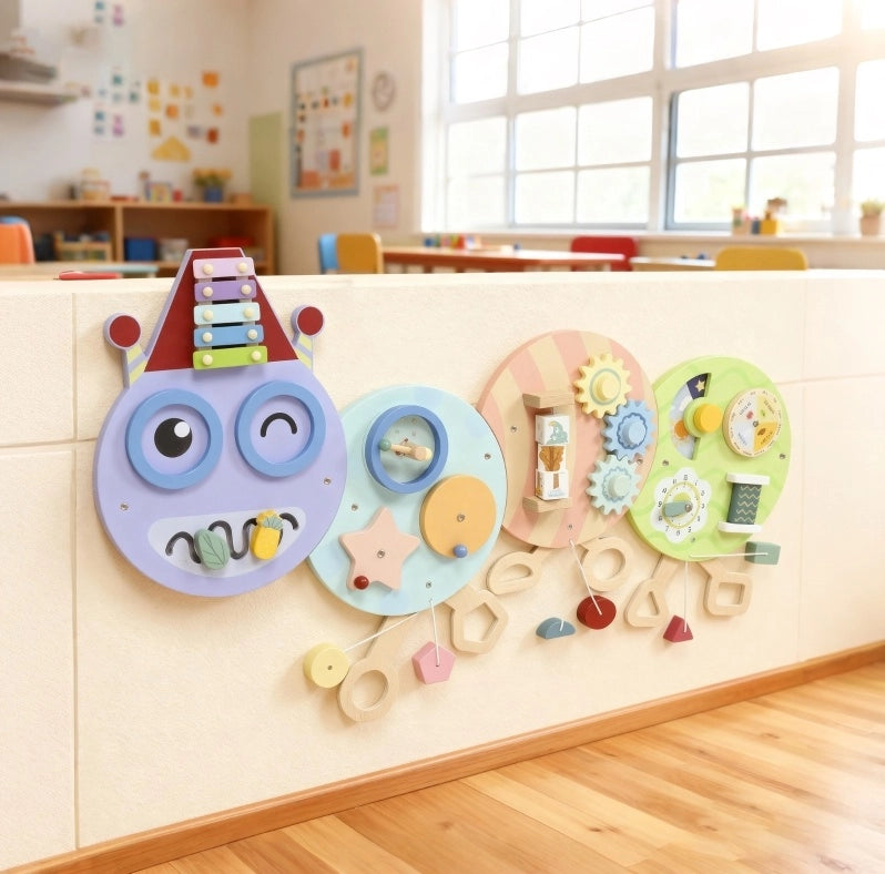 Pannello Montessori da parete 7 in 1 a forma di bruco, 108 cm
