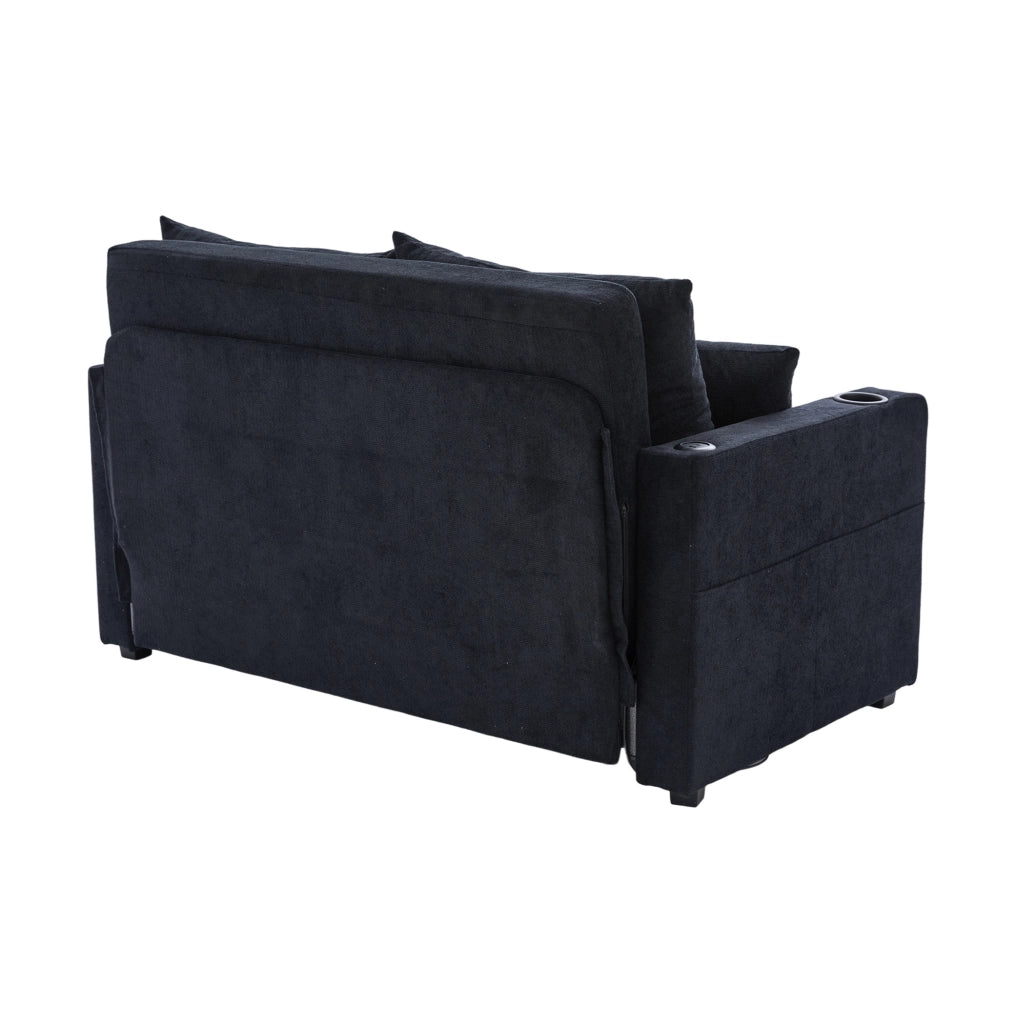 Divano letto ULEVR in ciniglia nera 139x83x58 cm trasformabile, con tasche laterali e 4 cuscini