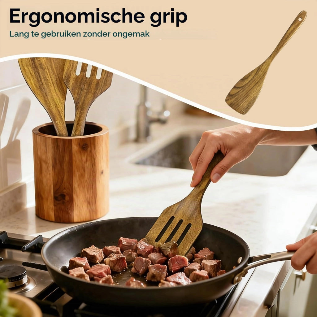 Set di 5 utensili da cucina in legno, realizzati in legno di acacia, composto da spatola e cucchiai