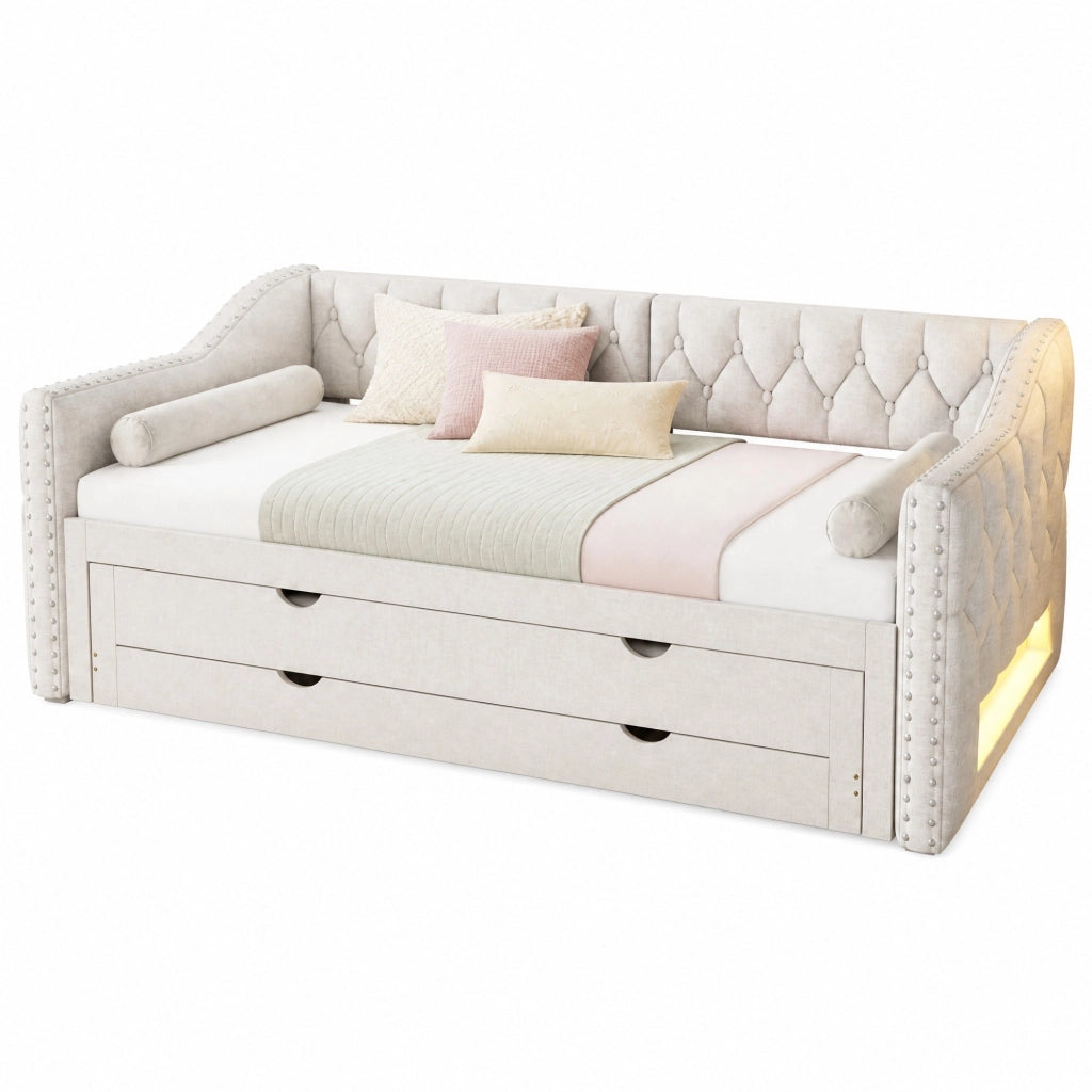 Letto singolo 90x200 cm con letto estraibile; 3 cassetti e luci LED; beige