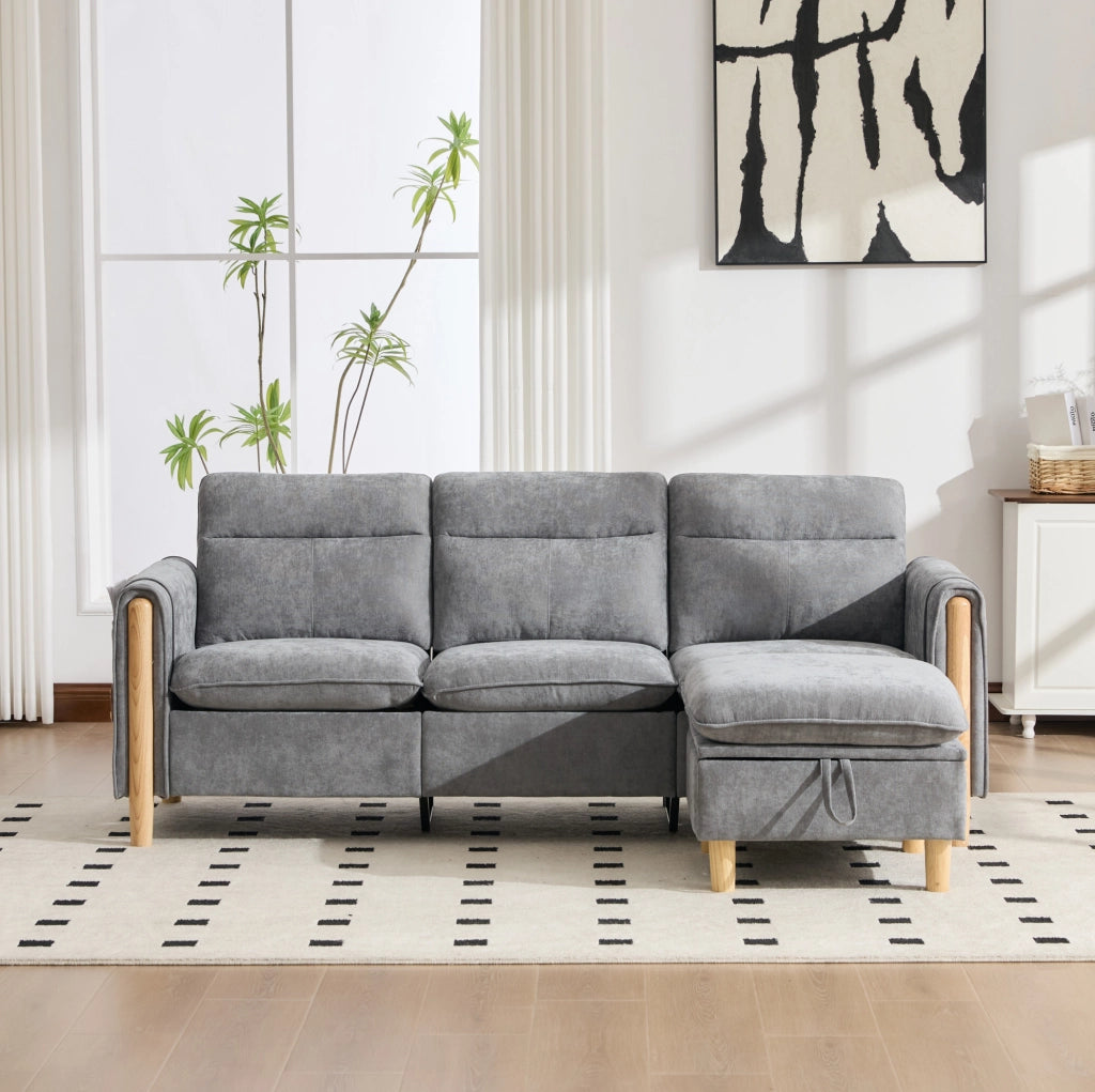 Divano 3 posti a L in ciniglia grigio chiaro con pouf contenitore