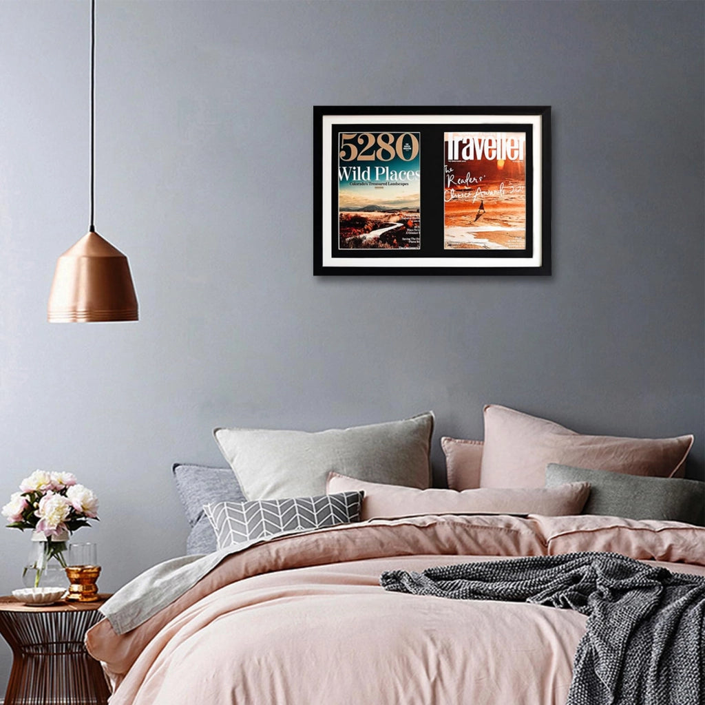 Cornice doppia per riviste in legno nero, espositori per libri, cornice per riviste sportive per riviste 8,5 x 11,25 pollici o fumetti 8 x 12 pollici, cornice per foto 14,8 x 20,7 pollici, con passepartout nero/bianco