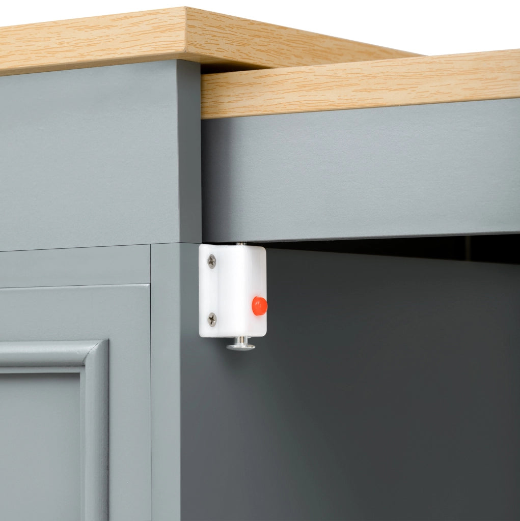 Isola cucina mobile grigia con piano estraibile e cassetti