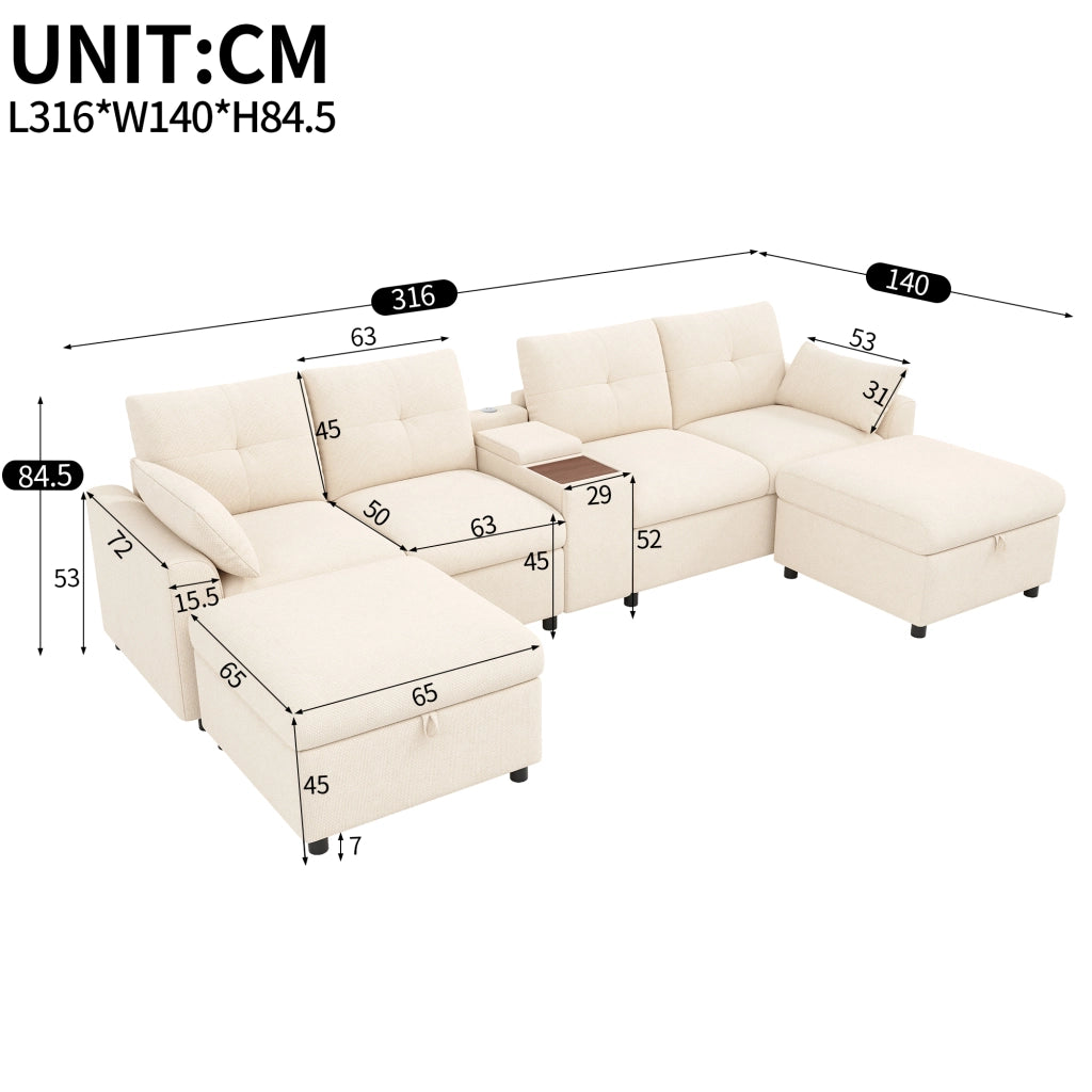 Divano panoramico modulare a 6 posti in chenille beige con console USB Type-C e 2 pouf contenitore 84.5 × 316 × 140 cm