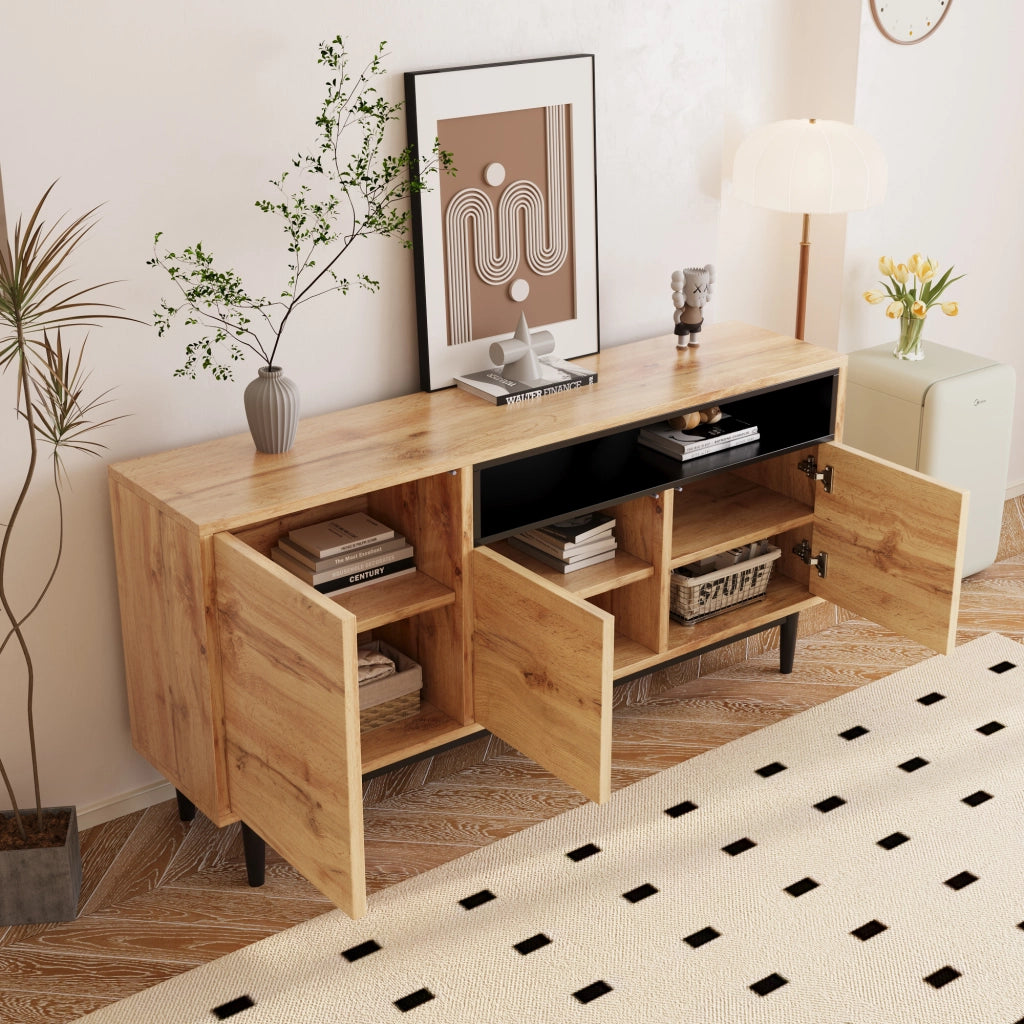 Credenza 160 × 35 × 76 cm con tre ante e ripiani regolabili in MDF e pannello truciolare legno naturale e nero