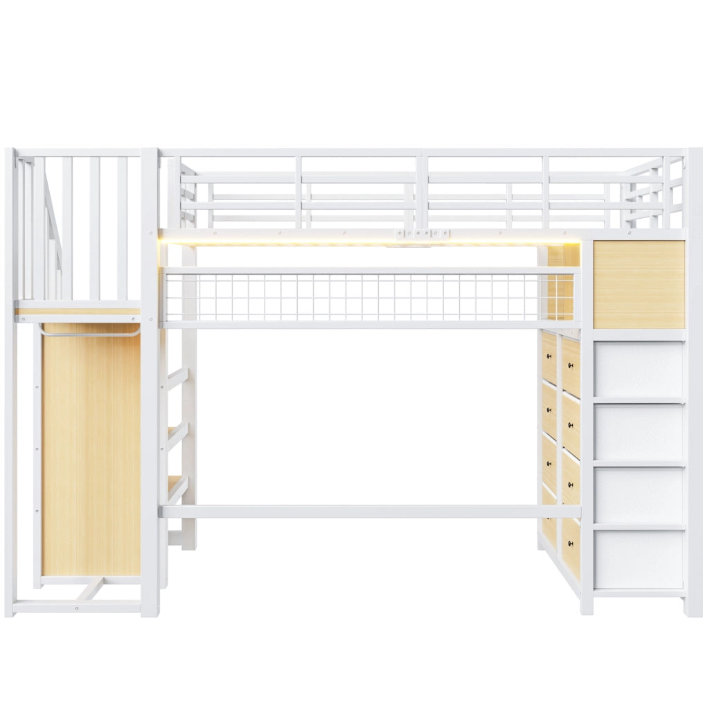 Letto a soppalco bianco 90 x 200 cm con 8 cassetti, scaffali e illuminazione