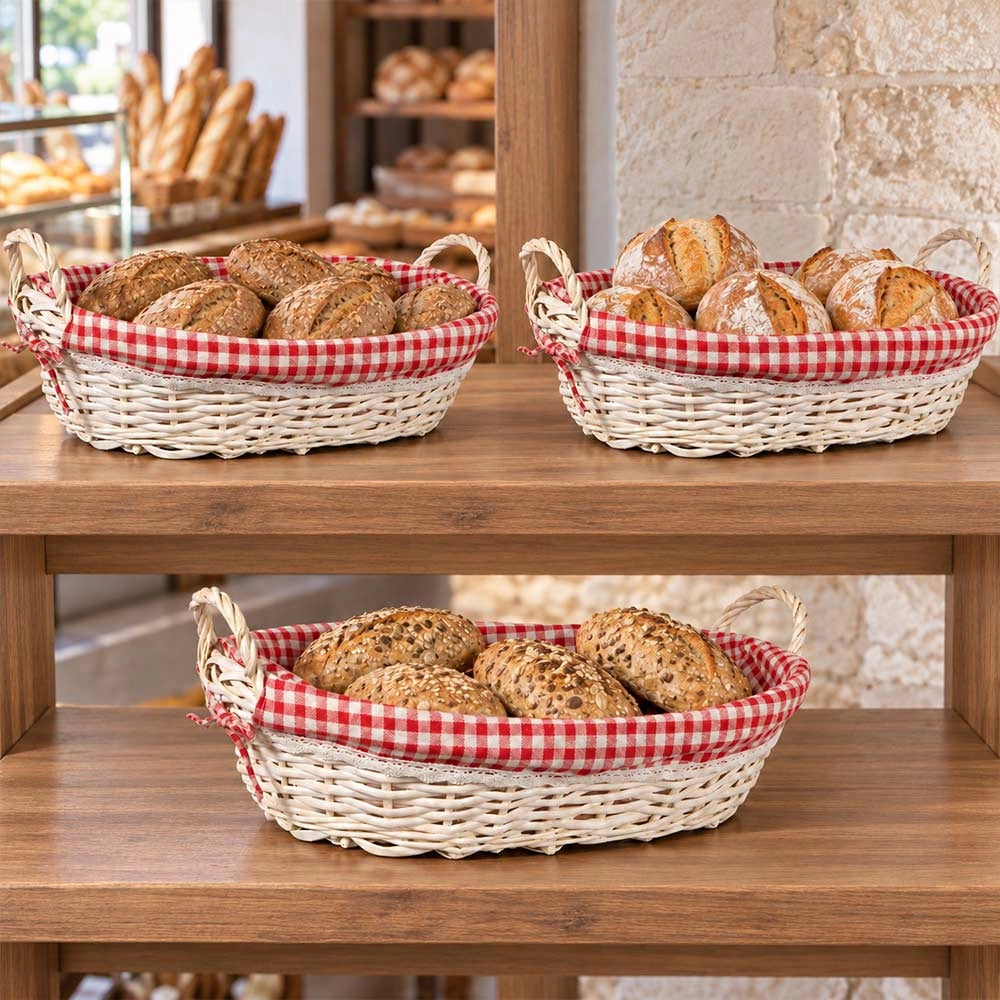 Ceste Ovali x3 Vimini Bianco Shabby con Manici e Stoffa a Quadretti 46x22x h15
