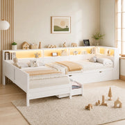 Letto singolo a piattaforma 90 × 200 cm a L con letto estraibile in MDF e compensato bianco con cassetto LED e ricarica