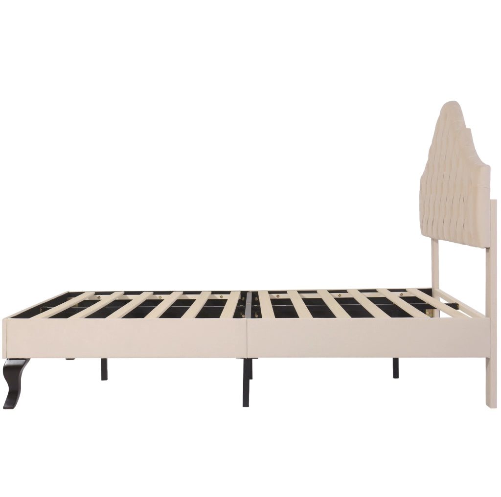 Letto imbottito per adulti 140x190 cm con testiera imbottita regolabile e rete a doghe in velluto bianco sporco, senza materasso