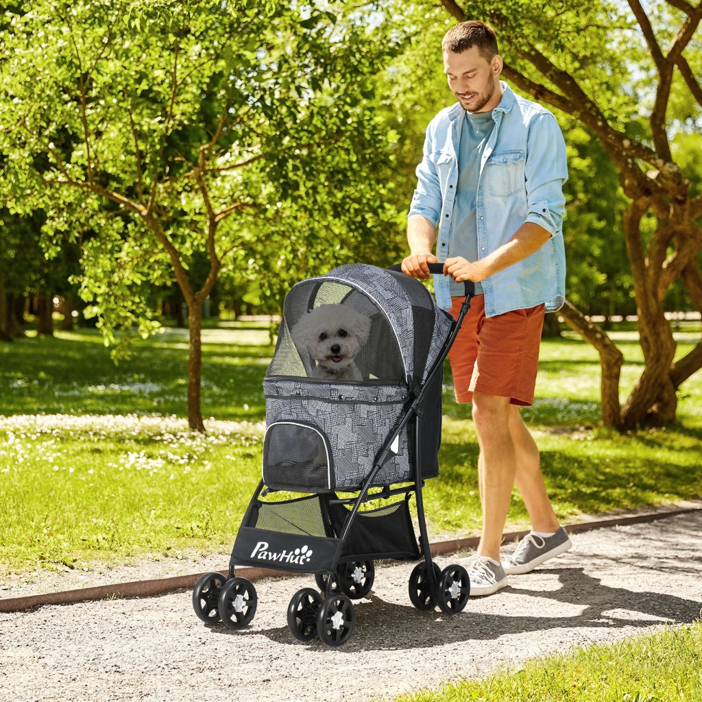 Carrello pieghevole per cani e gatti con cuscino, finestre a rete e vano portaoggetti, tessuto Oxford, 81x48x99 cm, grigio nero