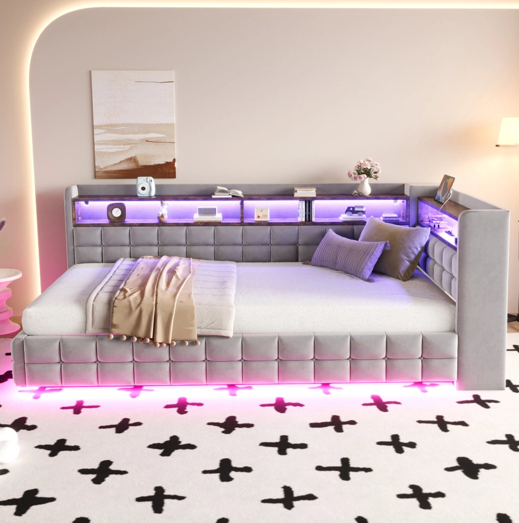 Divano letto imbottito 90 × 200 cm grigio chiaro con contenitore e LED