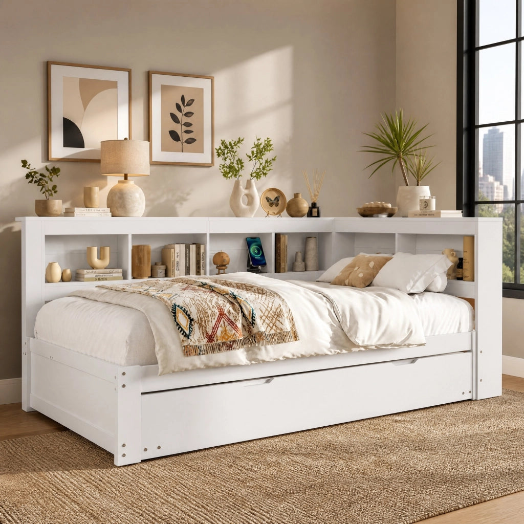 Divano letto 219x167x90 cm con letto estraibile, 2 cassetti e 2 porte USB in legno bianco