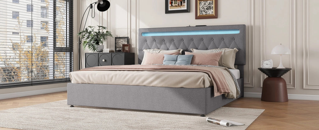 Letto 180x200 cm imbottito con sollevamento idraulico, luci LED multicolore e porta USB grigio
