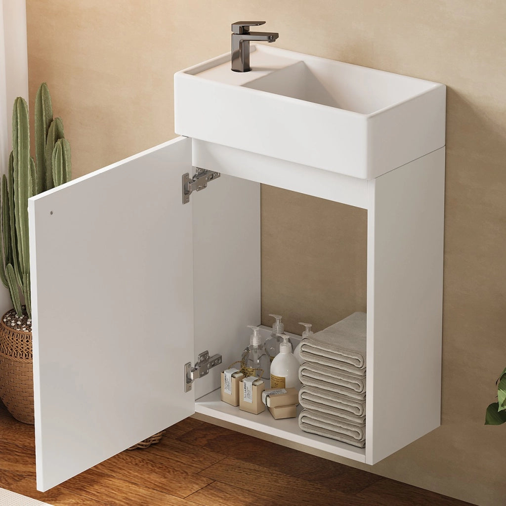 Mobile lavabo sospeso 41 × 23 × 62,5 cm in ceramica e MDF bianco con anta soft close salvaspazio per bagno