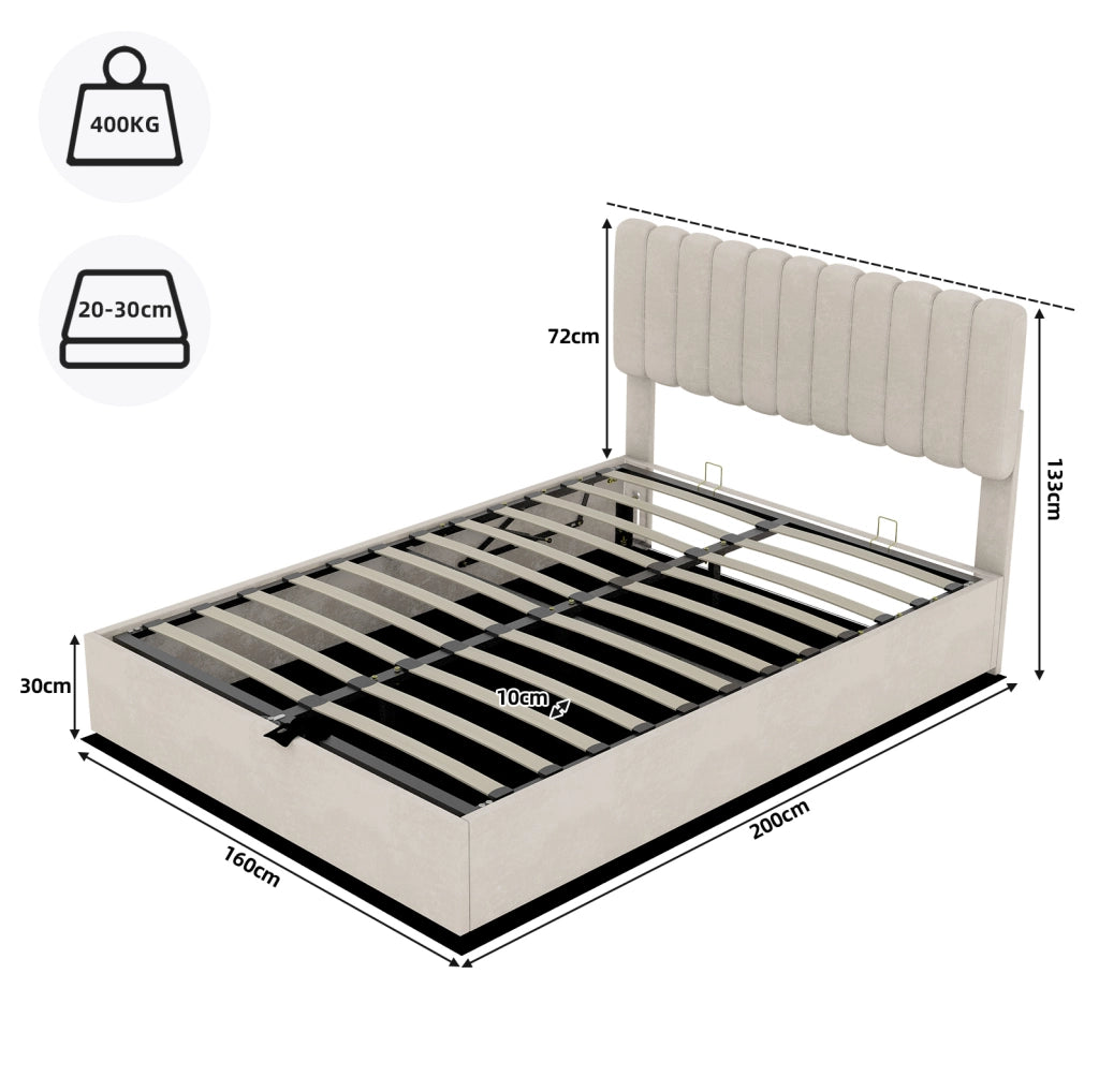 Letto imbottito moderno beige 160x200 cm con contenitore e testiera imbottita
